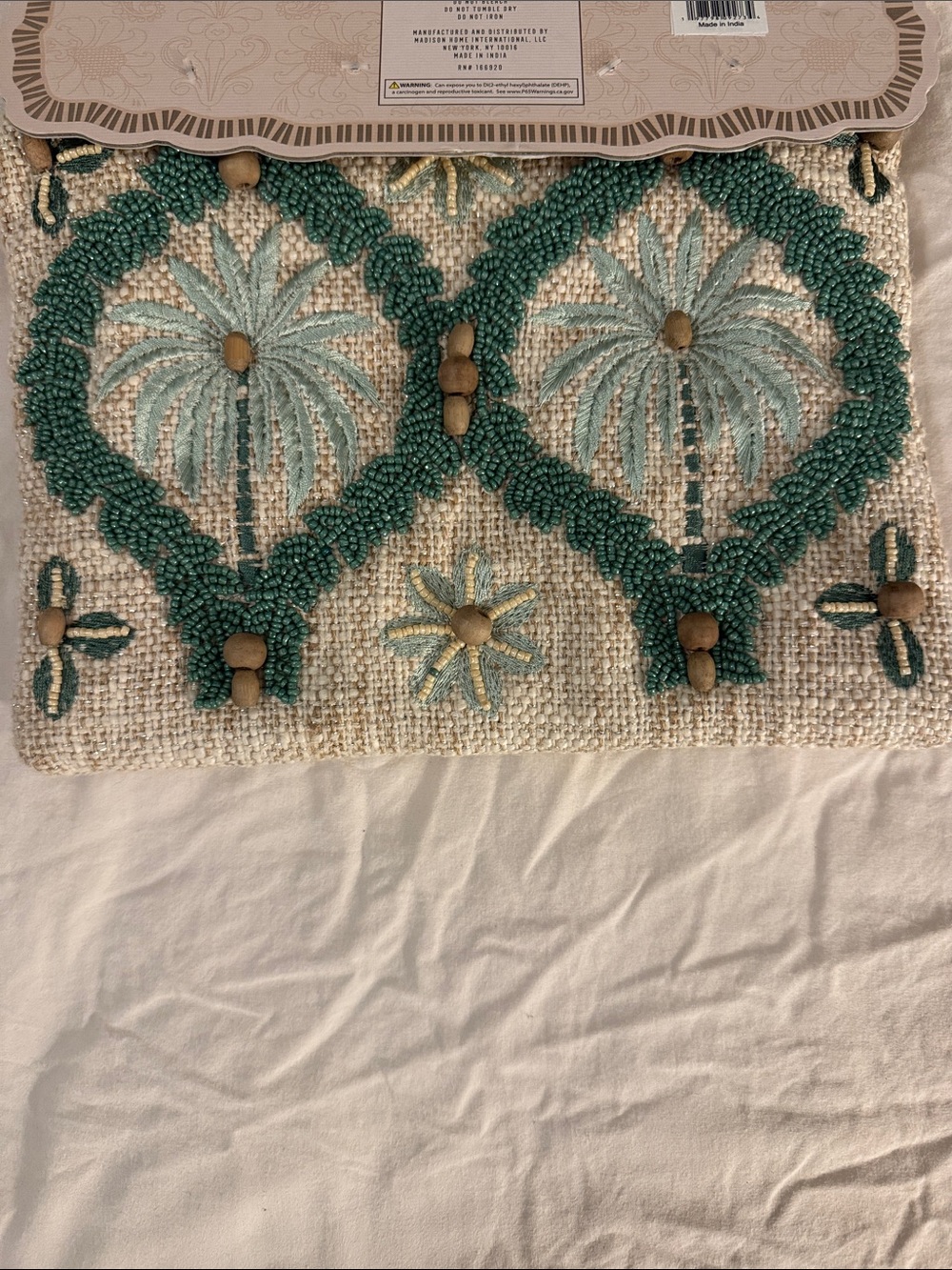 India Handmade Embroidered Beaded Pouch in Teal and Cream - Picture 7 of 10